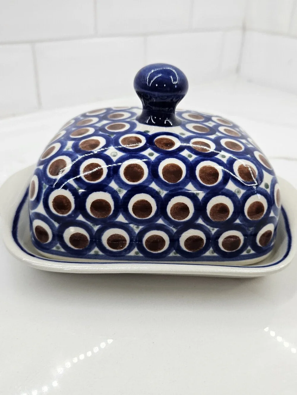 Boleslawiec Polish Pottery Peacock Butter Dish Blue Brown Circles Covered Large